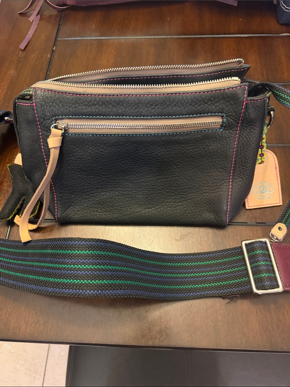 Consuela Black Crossbody Bag with Pink Stitching